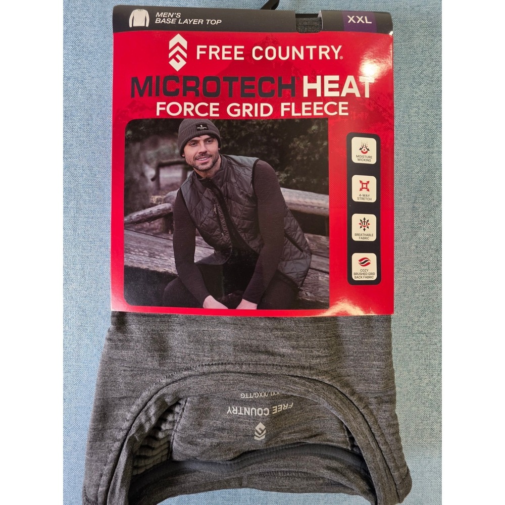 Free Country Mens Microtech Heat Force Grid Fleece Base Layer Top XXL Gray Rocky